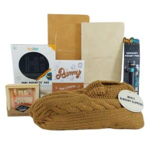 Beyond Bored Gift Hamper For Him with slippers, puzzle books, magnetic sensory pad, fidget pen, wooden game and body shave soap