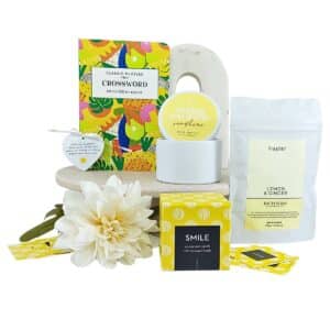 Sending Sunshine Gift Box with candle, bath soak, thoughtful cards, crossword book and acrylic heart ornament