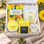 Sending Sunshine Gift Box open white hamper with uplifting self-care and thinking of you gifts
