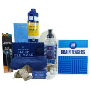 Get Well Soon Gift Hamper For Him with sleep mask, drink bottle, puzzles, chocolate, shower steamer and men’s self-care gifts