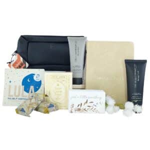 Hospital Gift Box For Him with men’s toiletry bag, grooming products, puzzle book, warming eye mask and chocolate