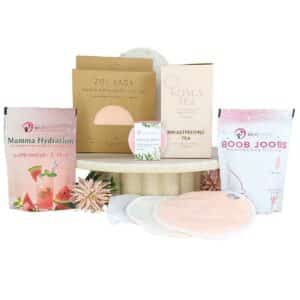 Breastfeeding care package for new mum with tea, nursing pads and hydration mix