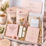 Postpartum self-care gift hamper for new mum with bath soak, affirmation cards and nourishing treats