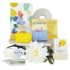 A Little Box Of Sunshine Gift Hamper with affirmation cards, notebook, shower steamer, chocolatge and hug keepsake