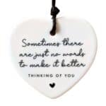 Thinking Of You Heart Ornament with black etched heartfelt message and black satin ribbon – meaningful sympathy keepsake gift for comfort, encouragement and remembrance