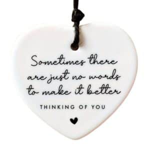 Thinking Of You Heart Ornament with black etched heartfelt message and black satin ribbon – meaningful sympathy keepsake gift for comfort, encouragement and remembrance