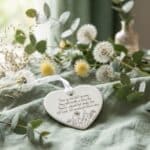Walk Beside Us Heart Memorial Ornament on soft fabric with dandelions
