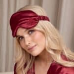Ruby Red Satin Sleep Eye Mask Being Worn