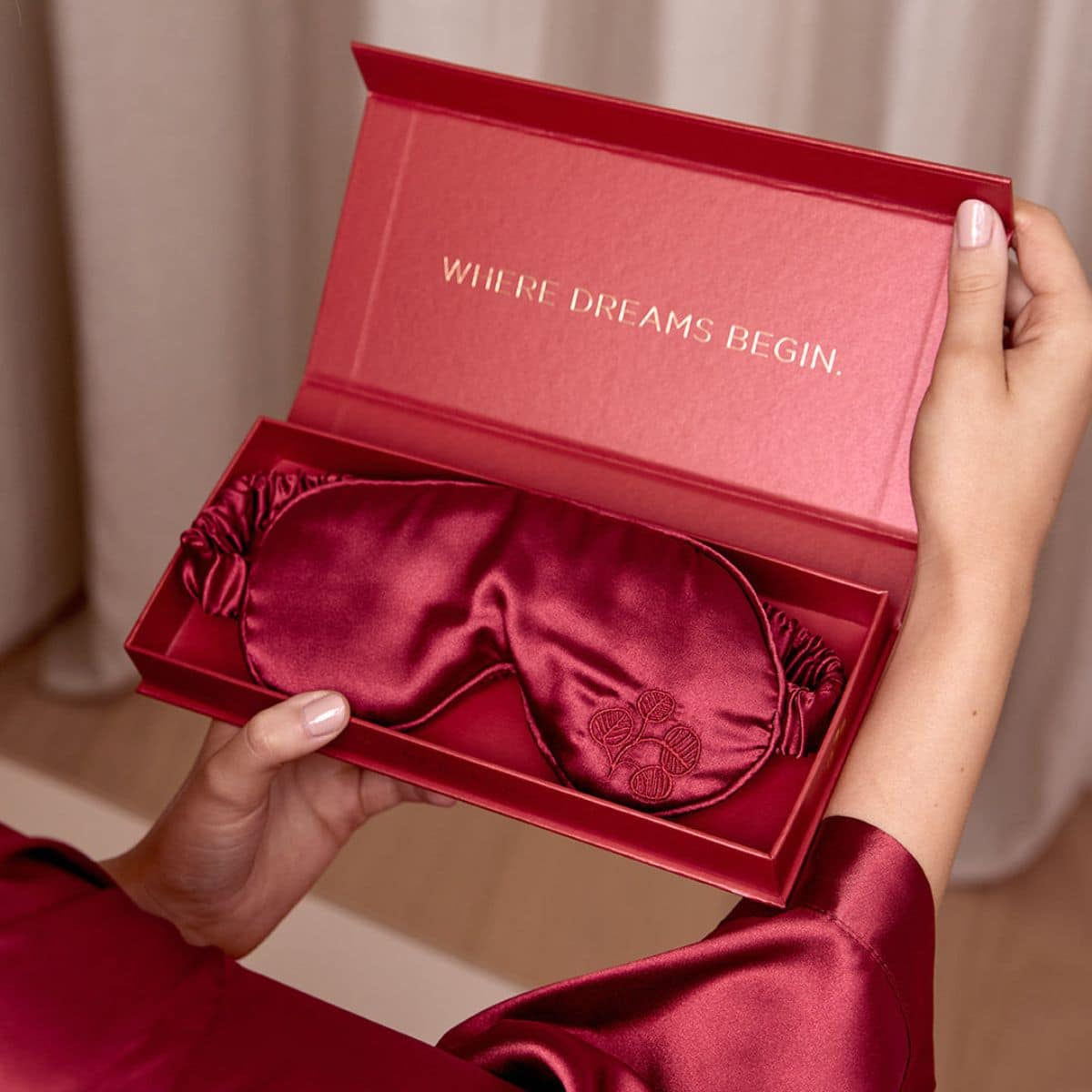 Ruby Red Satin Sleep Eye Mask Open Box