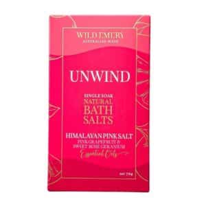 Unwind Natural Bath Salts 70g, Australian-made sea salt and pink Himalayan bath soak infused with grapefruit and rose geranium essential oils.
