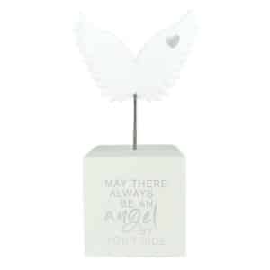 Angel wing sentiment block with the wording May There always be an Angel by your side in silver writing
