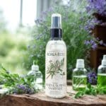 Natural Hand & Surface Sanitiser Spray Sitting On a Shelf with the main ingredients of lavender, tea tree and peppermint