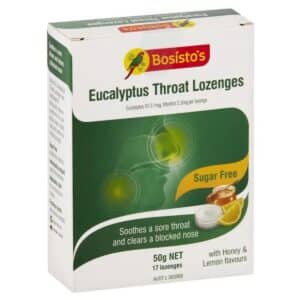 Box of Bosisto's Eucalyptus Throat Lozenges, sugar-free, lemon-honey flavor; eucalyptus lozenges for sore throat relief.