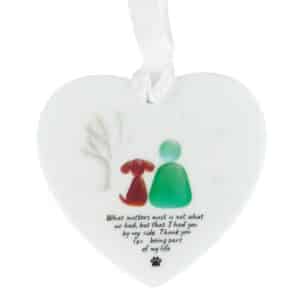 By My Side Dog Loss Memorial Ornament white acrylic heart pet sympathy keepsake with dog illustration and memorial quote.