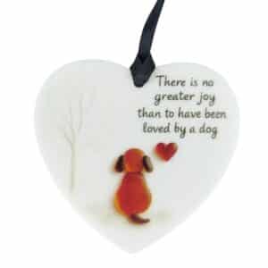 No Greater Joy Dog Loss Memorial Ornament white acrylic heart pet sympathy keepsake with dog illustration and memorial quote.