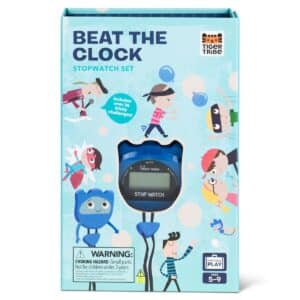 Beat The Clock Stopwatch Set Game with 36 timed activity cards, stopwatch, balloons, challenge book and magnetic storage box for fun screen-free family play and children's entertainment.