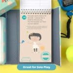 Kids' activity page showing a girl tossing a ball with 30-second toss-and-catch instructions; 'Great for Solo Play' badge.