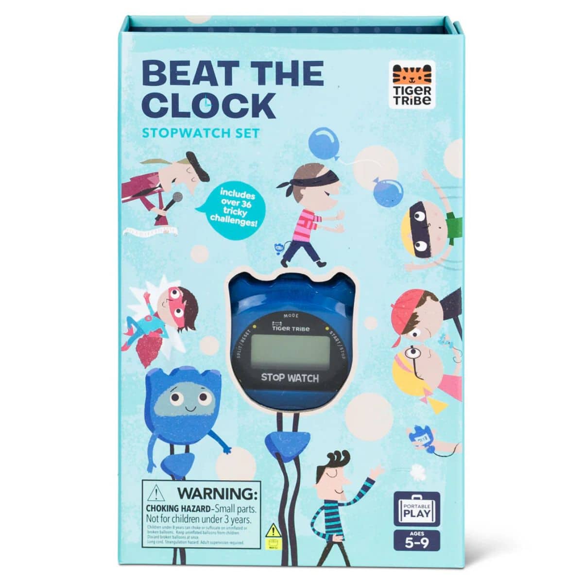 Beat The Clock Stopwatch Set Game with 36 timed activity cards, stopwatch, balloons, challenge book and magnetic storage box for fun screen-free family play and children's entertainment.