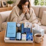 Woman on a beige sofa wrapped in a chunky knit blanket, sneezing into a tissue from a gift box of wellness items on the coffee table nearby.