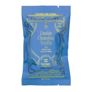 Dark Chocolate Truffle Treat premium 70% dark chocolate with smooth cacao and extra virgin olive oil centre finished with crunchy cacao nibs and sea salt for gourmet gift hampers.