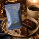 Dark Chocolate Truffle Treat being served with a cup of coffee