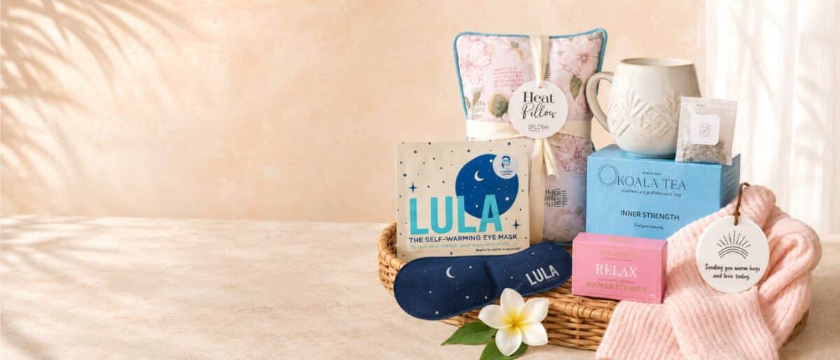 Sending Hugs comfort gift hamper with a heat pillow, mug, tea, eye mask and cosy socks for delivery across Queensland.