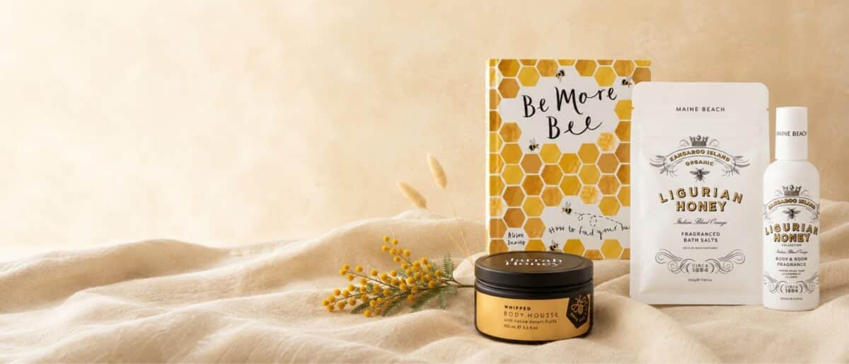 Honey-inspired Sending Hugs gift hamper with a book, bath salts, body mousse and fragrance for delivery across Western Australia.