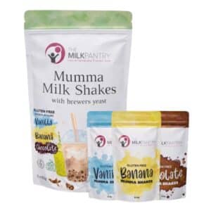 Gluten Free Mumma Shake Sampler Pack with Banana, Chocolate and Organic Vanilla breastfeeding shake sachets made in Australia for gluten free, dairy free and vegan nutrition.