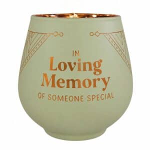 In Loving Memory Votive Candle Holder in sage green with copper interior and memorial wording – sympathy keepsake gift Australia