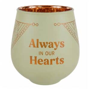 A beautiful sage green always in our hearts memorial votive candle holder with copper detailing, created as a thoughtful keepsake to honour the memory of someone special.