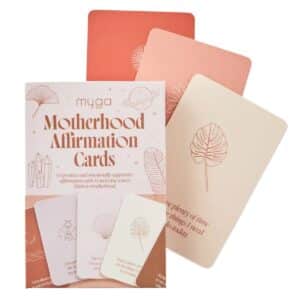 Motherhood Affirmation Cards deck featuring 60 positive affirmation cards for pregnancy, postpartum and new mums to encourage confidence, mindfulness and daily self-care.