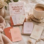 Pastel Motherhood Affirmation Cards box open with several cards beside a mug of tea and dried flowers on a soft surface.