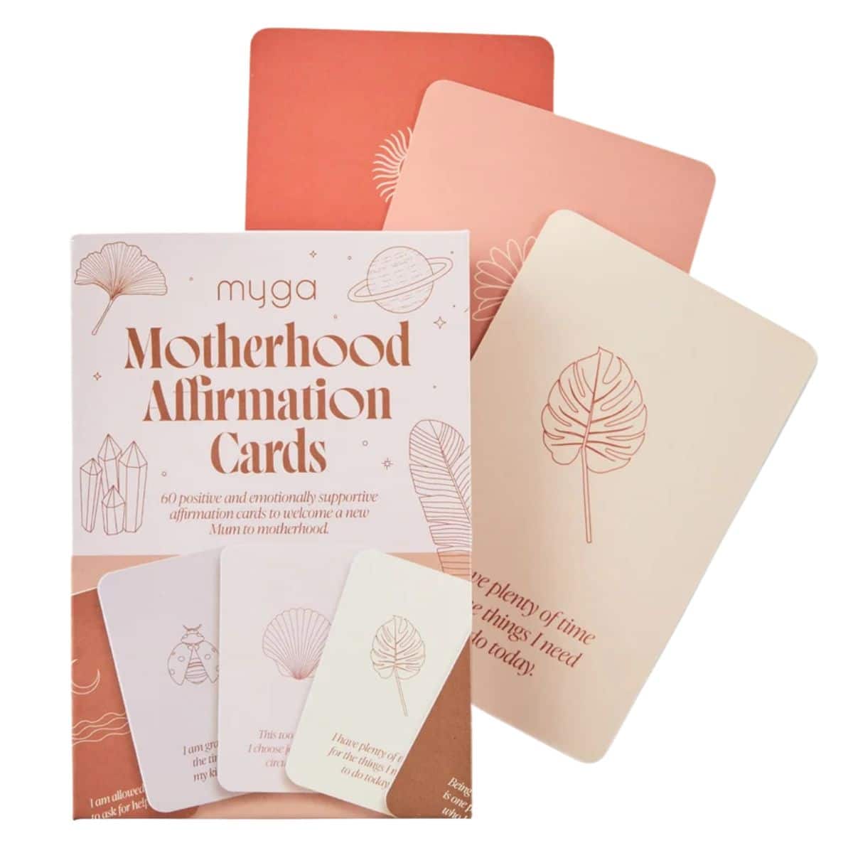 Motherhood Affirmation Cards deck featuring 60 positive affirmation cards for pregnancy, postpartum and new mums to encourage confidence, mindfulness and daily self-care.