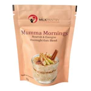Mumma Mornings Apple & Cinnamon Overnight Oats – healthy single-serve overnight oats for pregnancy and breastfeeding, made with organic oats, apple, cinnamon, chia, flaxseed and brewer's yeast.