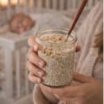 mumma mornings apple and cinnamon overnight oats in a jar with mum enjoying whilst baby sleeping