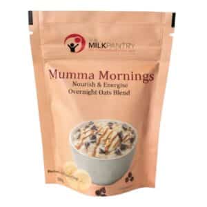 Mumma Mornings Apple & Cinnamon Overnight Oats – healthy single-serve overnight oats for pregnancy and breastfeeding, made with organic oats, banana, choc chips, chia, flaxseed and brewer's yeast.