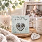 Sympathy card titled 'Pet Loss Pocket Hug' with a paw-print heart keepsake, set among a lit candle, a cozy mug, and a sleeping cat photo frame on a wooden surface.