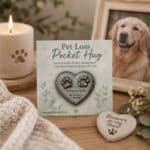Pet loss memorial scene with a 'Pocket Hug' card, heart keepsake, candle, and a framed dog photo on a wooden table for a pet-dloss tribute.