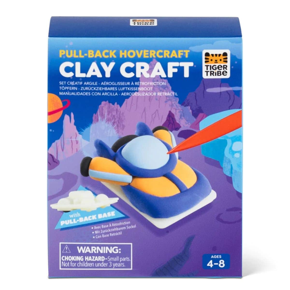 Child-friendly Pull Back Hovercraft Clay Craft Kit with colourful air-dry clay, pull-back racing vehicle base and DIY modelling accessories for children aged 4–8 years.