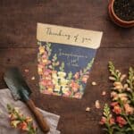 Thinking Of You Seeds Gift Packet on timber bench with trowel, pot and snapdragon flowers