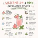 Infographic about Watermelon & Mint Hydration Powder showing a glass with watermelon and mint and a list of ingredients on both sides.