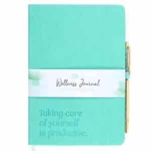 Wellness Journal with Aventurine Crystal Pen featuring guided mindfulness prompts, mood tracker and reflection pages for self-care, gratitude journaling and personal wellbeing.