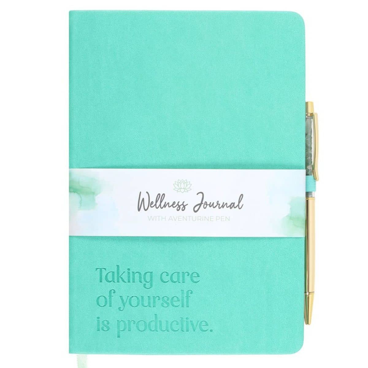 Wellness Journal with Aventurine Crystal Pen featuring guided mindfulness prompts, mood tracker and reflection pages for self-care, gratitude journaling and personal wellbeing.