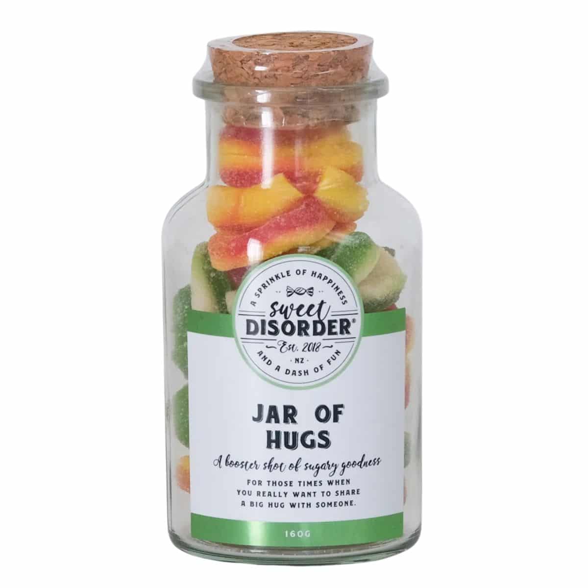 A Jar Of Hugs glass jar filled with colourful sour gummy fruit rings 160g thinking of you gift