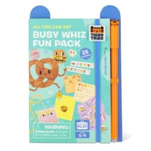 All You Can Eat Busy Fun Pack featuring reusable food-themed puzzles, mazes, word games, sticker activities and an erasable pen for children aged 5–9 years.