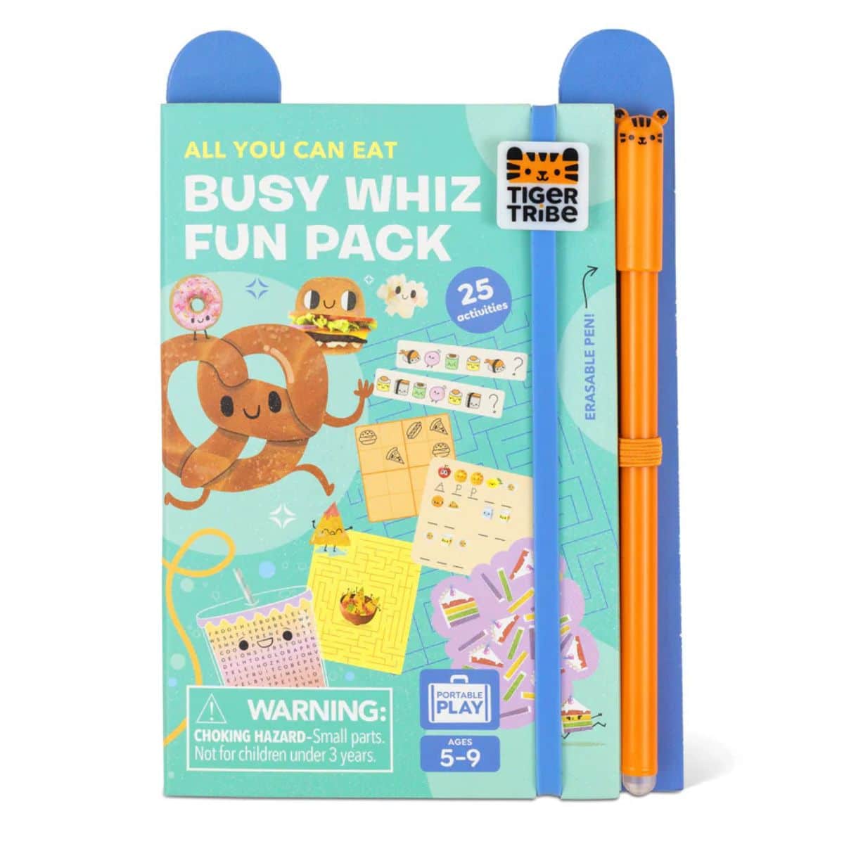 All You Can Eat Busy Fun Pack featuring reusable food-themed puzzles, mazes, word games, sticker activities and an erasable pen for children aged 5–9 years.