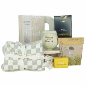 Always In Our Hearts Sympathy Hamper with memorial votive, comforting book, organic tea, heat pillow, wildflower seeds and shower steamer