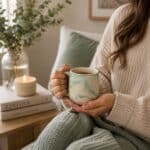 Cozy scene of a person in a knit sweater holding a marbled mug of tea, with a lit candle and greenery on a side table nearby.