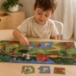 Portable On The Farm Magnetic Puzzle Book with 27 pieces creating one connected farm landscape for children aged three and over.