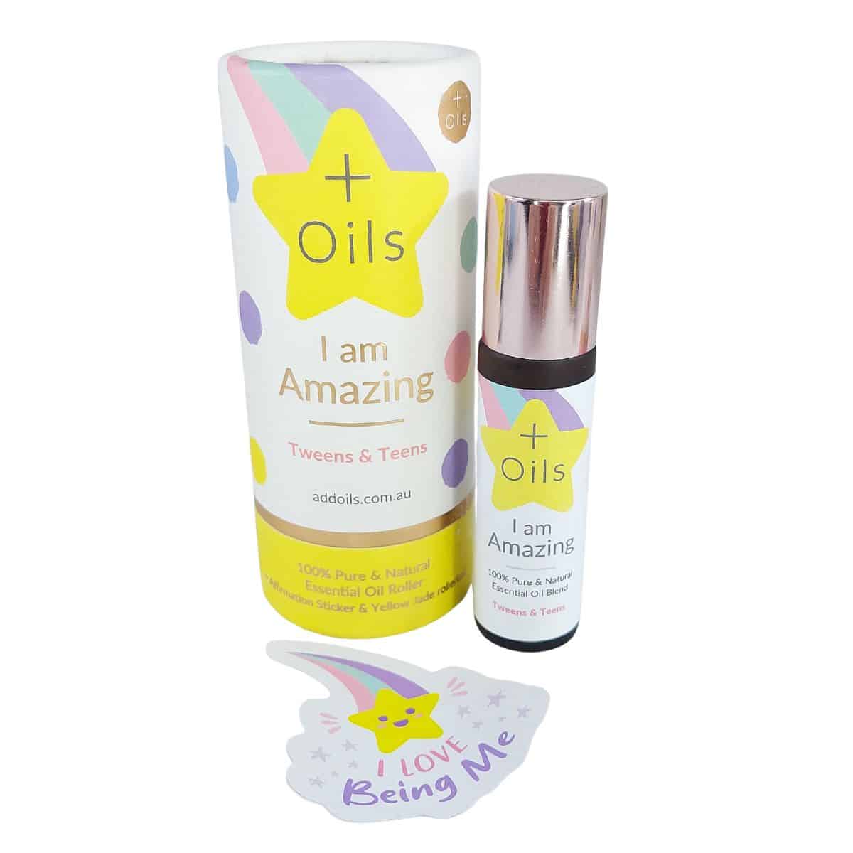 I Am Amazing Tween Essential Oil Blend Roller 10ml with yellow jade rollerball and affirmation sticker
